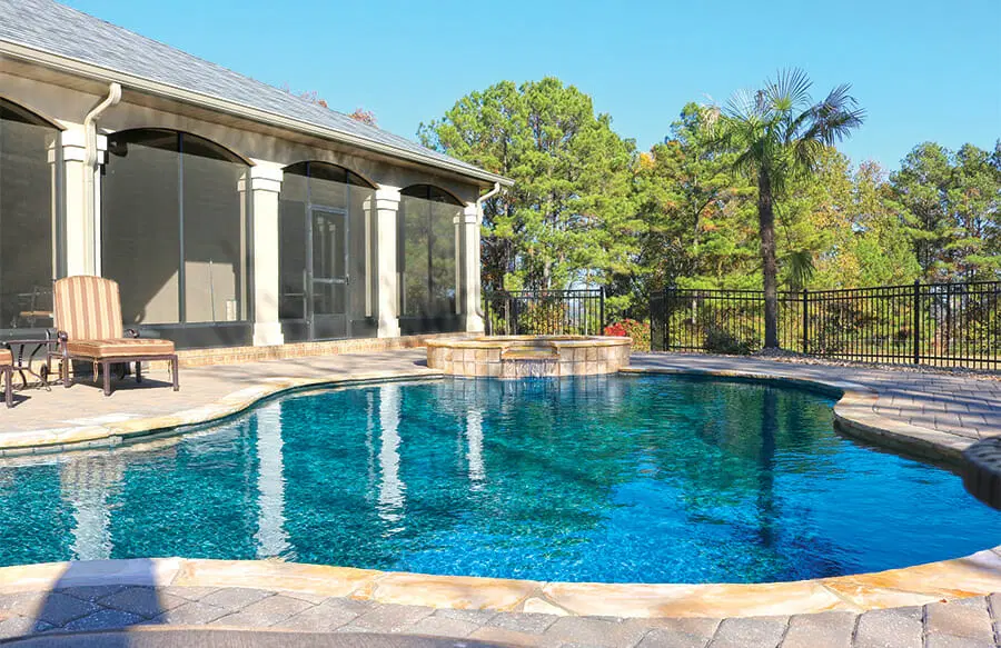 Dothan curvy pool with elevated gunite spa.